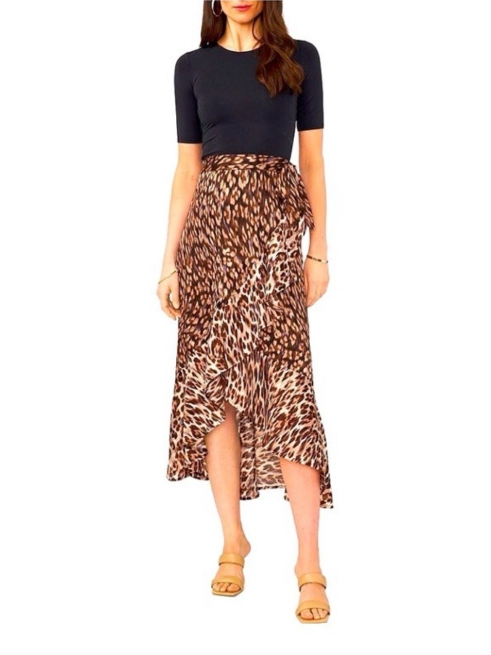Vince Camuto Leopard Print side tie ruffle satin A line midi skirt new with tags